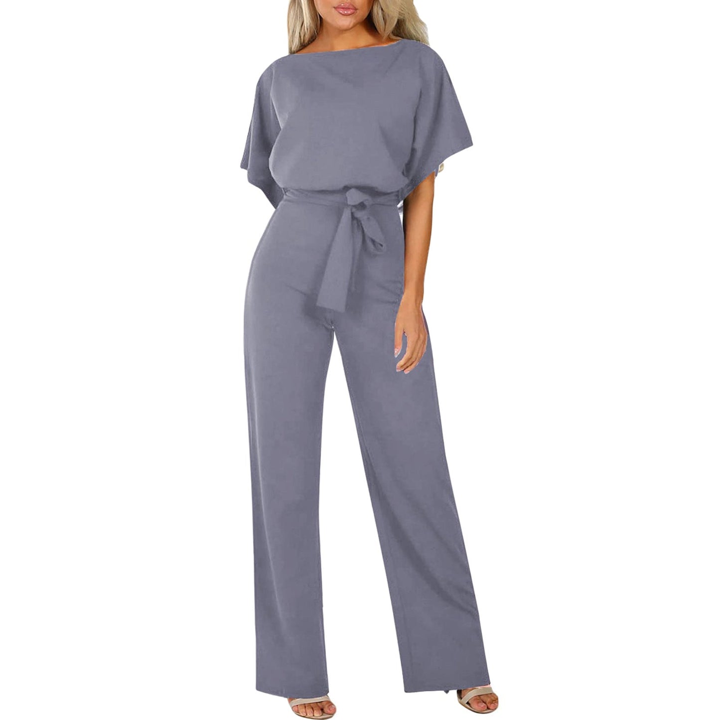 Women's Short-Sleeve Jumpsuit with Boat Neck and Tie Belt