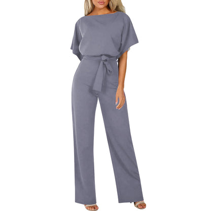 Women's Short-Sleeve Jumpsuit with Boat Neck and Tie Belt