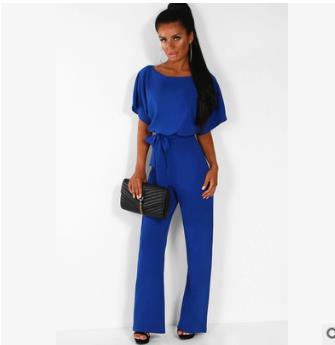 Women's Short-Sleeve Jumpsuit with Boat Neck and Tie Belt