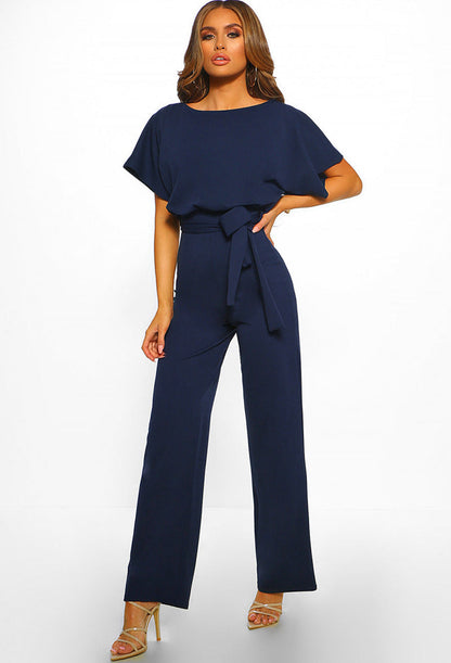 Women's Short-Sleeve Jumpsuit with Boat Neck and Tie Belt