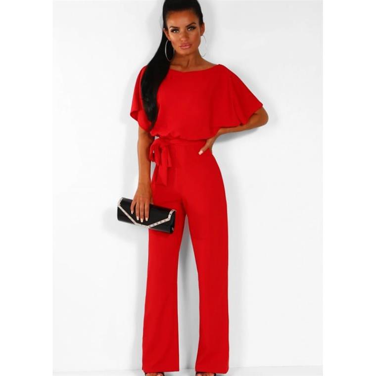 Women's Short-Sleeve Jumpsuit with Boat Neck and Tie Belt