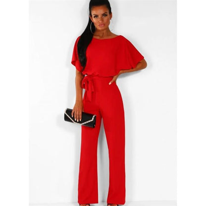 Women's Short-Sleeve Jumpsuit with Boat Neck and Tie Belt