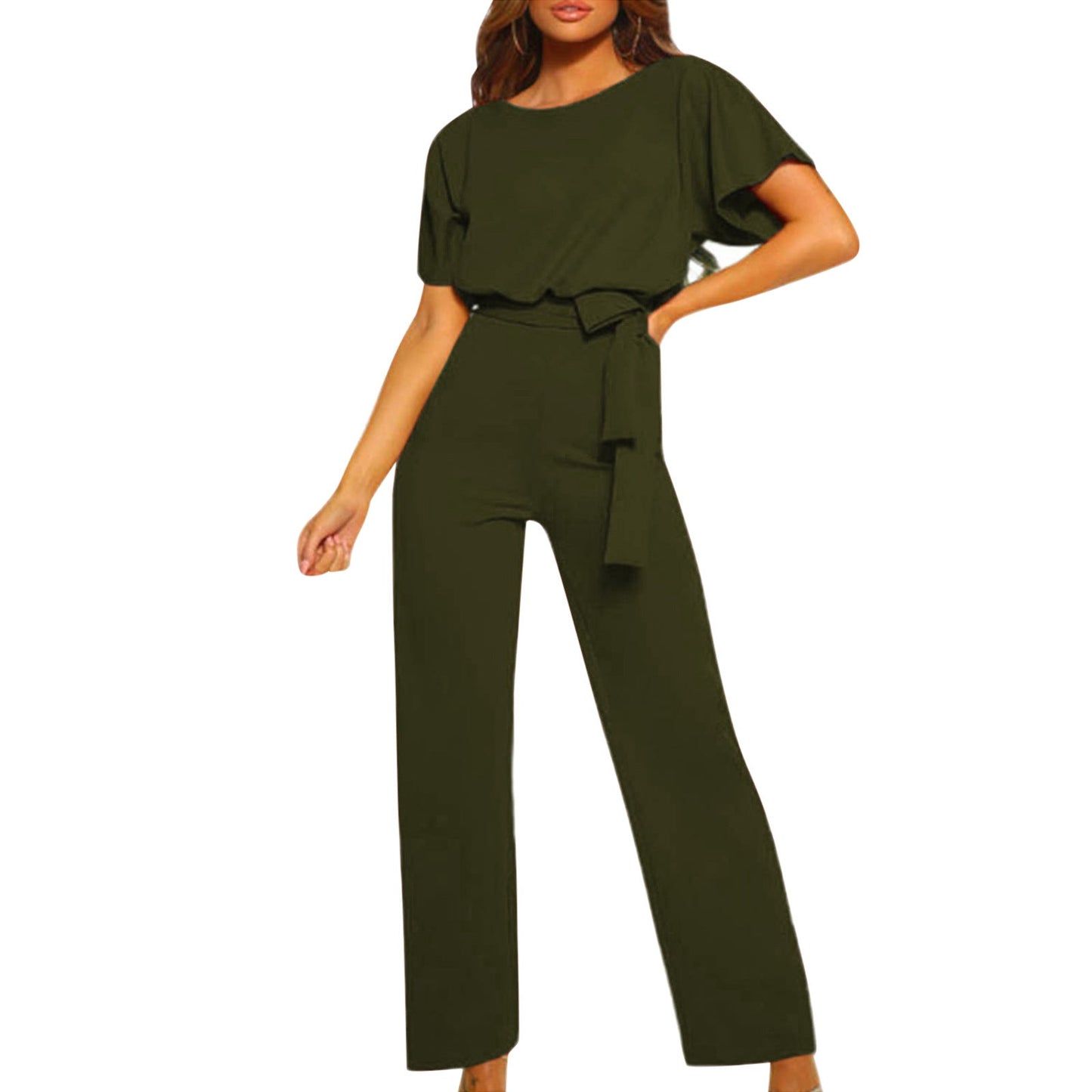 Women's Short-Sleeve Jumpsuit with Boat Neck and Tie Belt