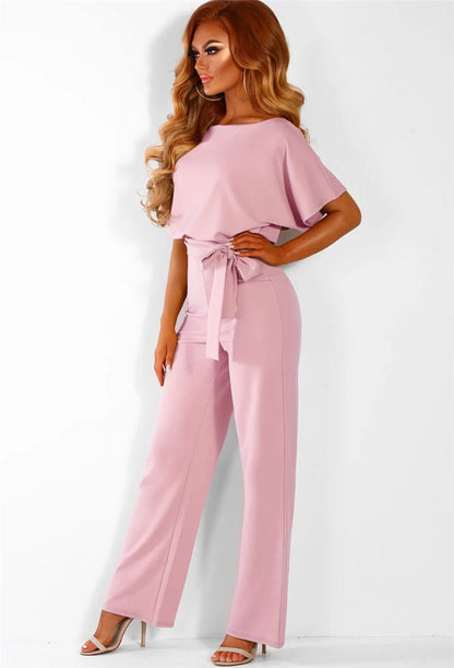 Women's Short-Sleeve Jumpsuit with Boat Neck and Tie Belt
