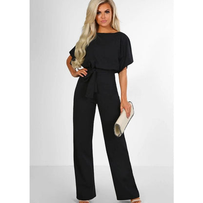 Women's Short-Sleeve Jumpsuit with Boat Neck and Tie Belt