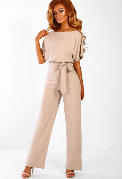 Women's Short-Sleeve Jumpsuit with Boat Neck and Tie Belt