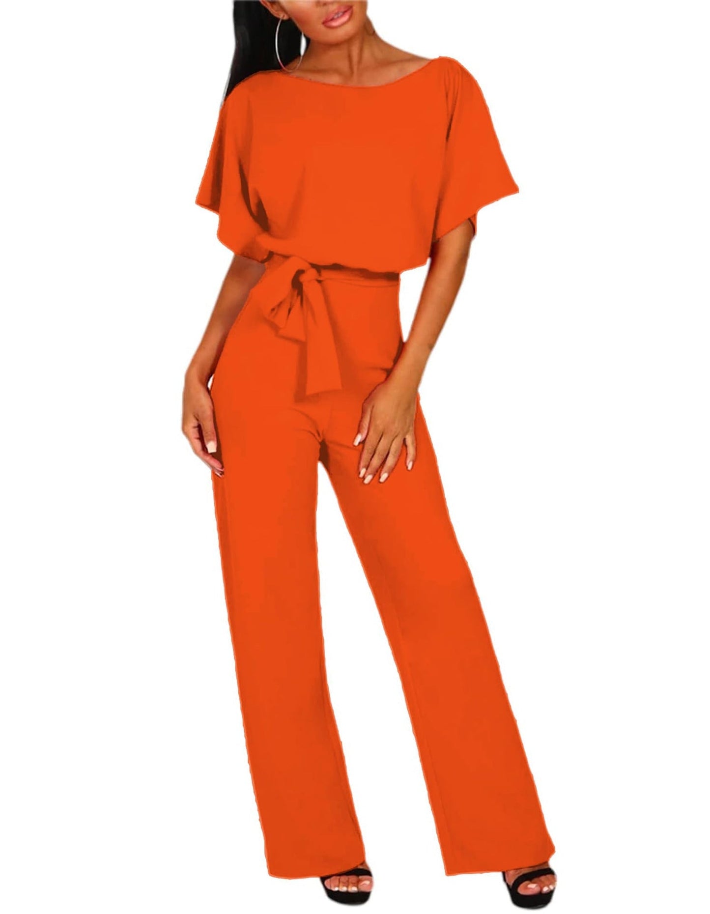 Women's Short-Sleeve Jumpsuit with Boat Neck and Tie Belt