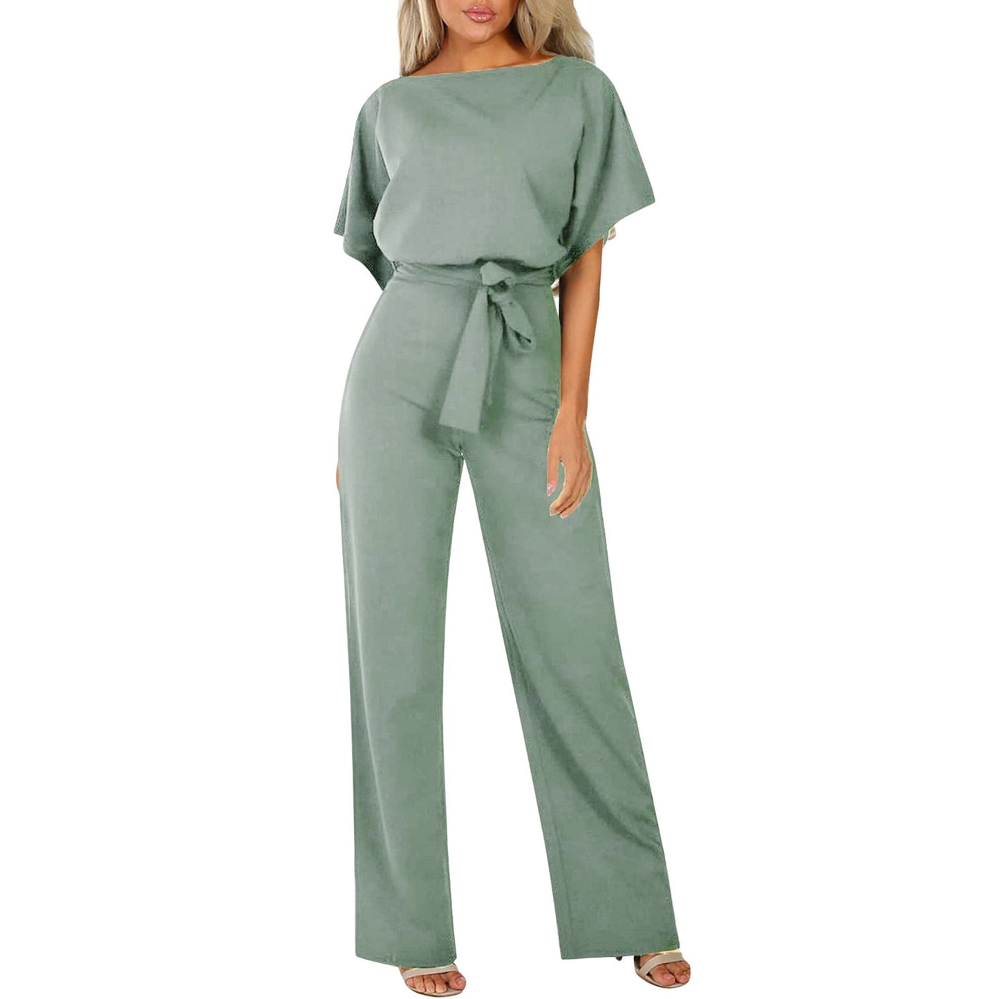 Women's Short-Sleeve Jumpsuit with Boat Neck and Tie Belt