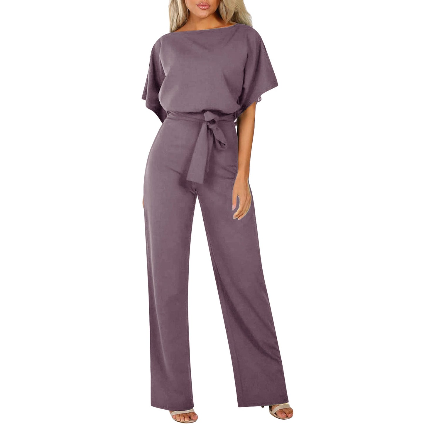 Women's Short-Sleeve Jumpsuit with Boat Neck and Tie Belt