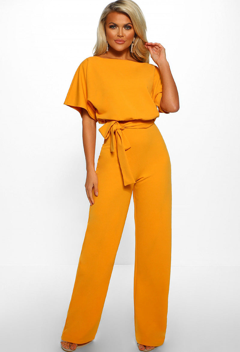 Women's Short-Sleeve Jumpsuit with Boat Neck and Tie Belt