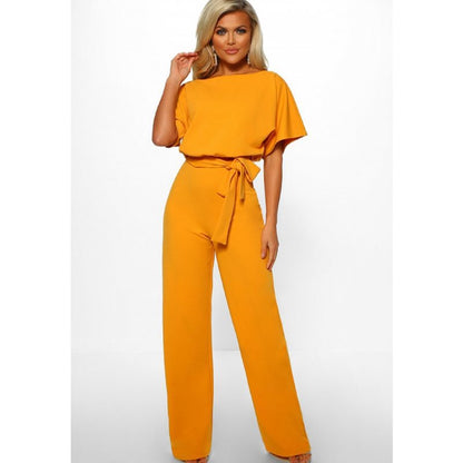Women's Short-Sleeve Jumpsuit with Boat Neck and Tie Belt