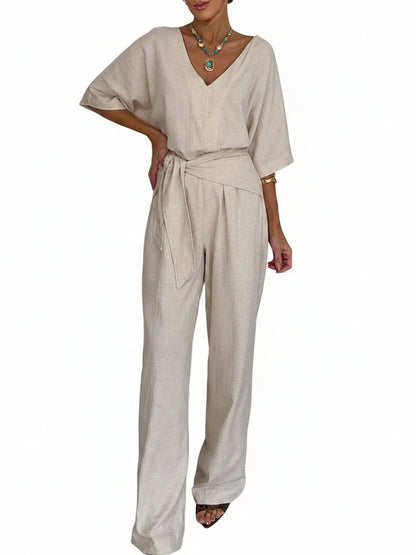 Women's Jumpsuit with V-neck, batwing sleeves and tie belt