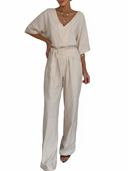 Women's Jumpsuit with V-neck, batwing sleeves and tie belt