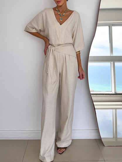 Women's Jumpsuit with V-neck, batwing sleeves and tie belt