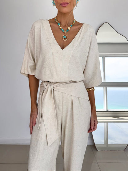 Women's Jumpsuit with V-neck, batwing sleeves and tie belt