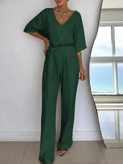 Women's Jumpsuit with V-neck, batwing sleeves and tie belt