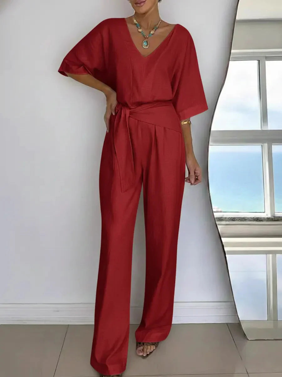 Women's Jumpsuit with V-neck, batwing sleeves and tie belt