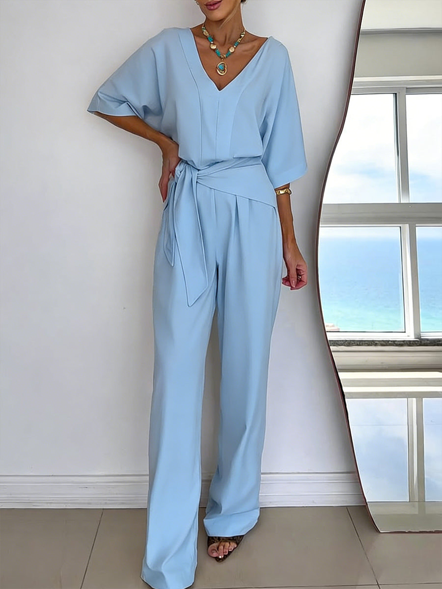 Women's Jumpsuit with V-neck, batwing sleeves and tie belt