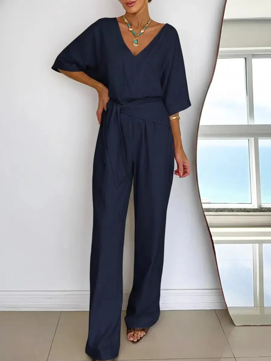 Women's Jumpsuit with V-neck, batwing sleeves and tie belt