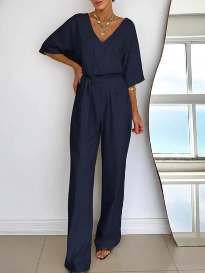 Women's Jumpsuit with V-neck, batwing sleeves and tie belt
