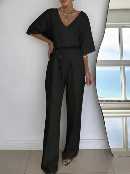 Women's Jumpsuit with V-neck, batwing sleeves and tie belt