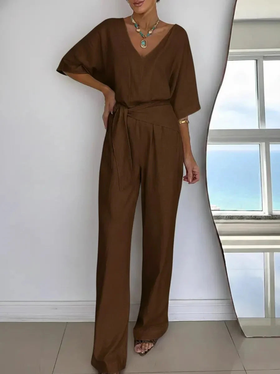 Women's Jumpsuit with V-neck, batwing sleeves and tie belt