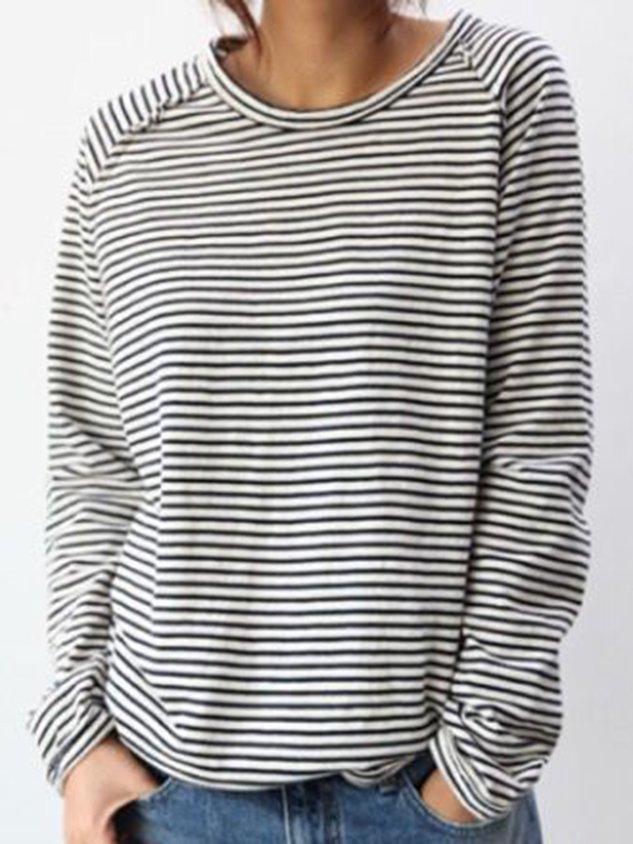 Women's Long-Sleeve Shirt with Round Neck and Horizontal Stripes