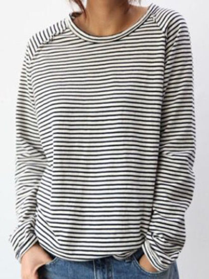 Women's Long-Sleeve Shirt with Round Neck and Horizontal Stripes