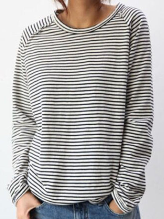 Women's Long-Sleeve Shirt with Round Neck and Horizontal Stripes