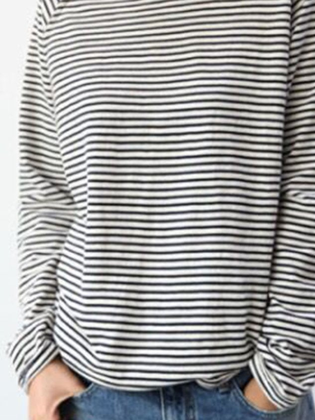 Women's Long-Sleeve Shirt with Round Neck and Horizontal Stripes