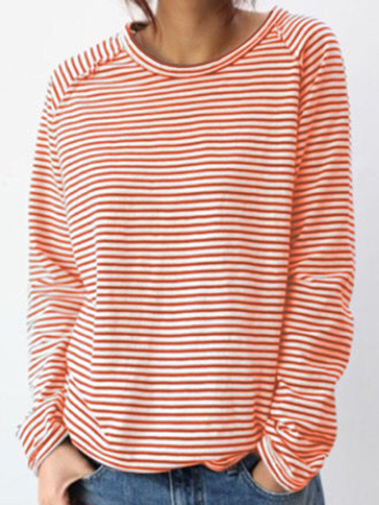 Women's Long-Sleeve Shirt with Round Neck and Horizontal Stripes
