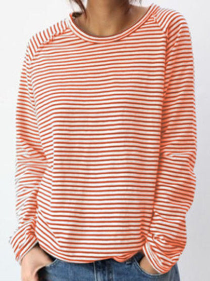 Women's Long-Sleeve Shirt with Round Neck and Horizontal Stripes