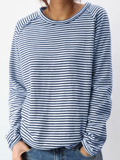 Women's Long-Sleeve Shirt with Round Neck and Horizontal Stripes