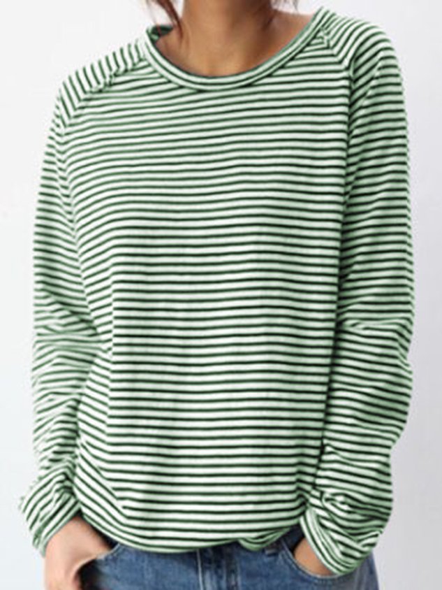 Women's Long-Sleeve Shirt with Round Neck and Horizontal Stripes