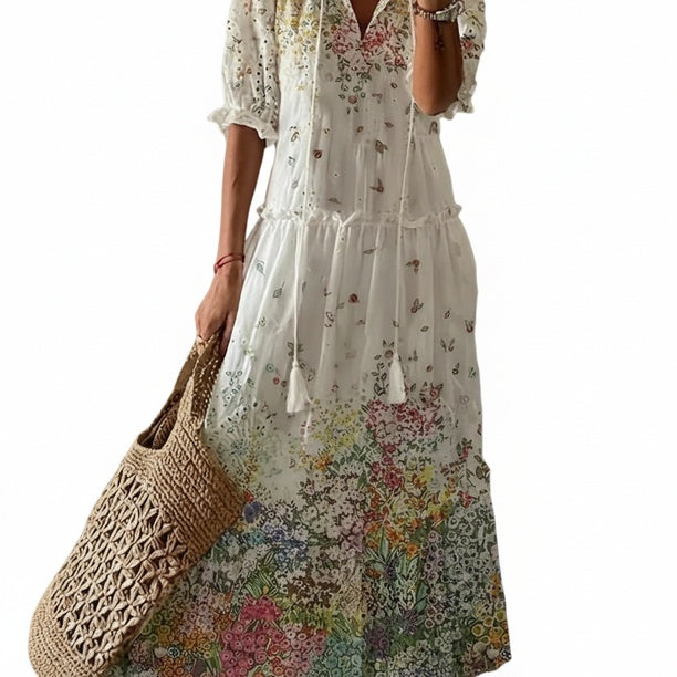 Women's Maxi Dress with Floral Print, V-Neck and Tassels