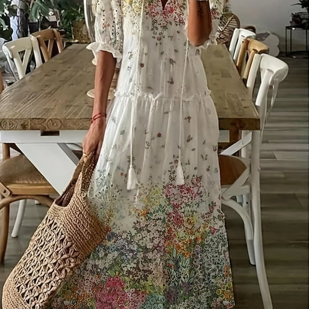 Women's Maxi Dress with Floral Print, V-Neck and Tassels
