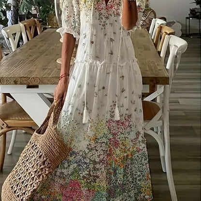 Women's Maxi Dress with Floral Print, V-Neck and Tassels