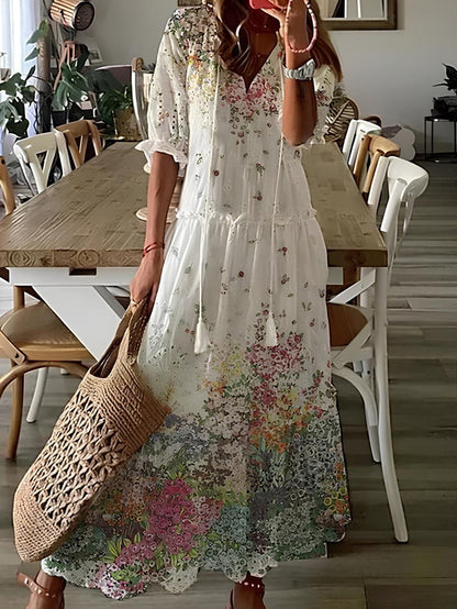 Women's Maxi Dress with Floral Print, V-Neck and Tassels