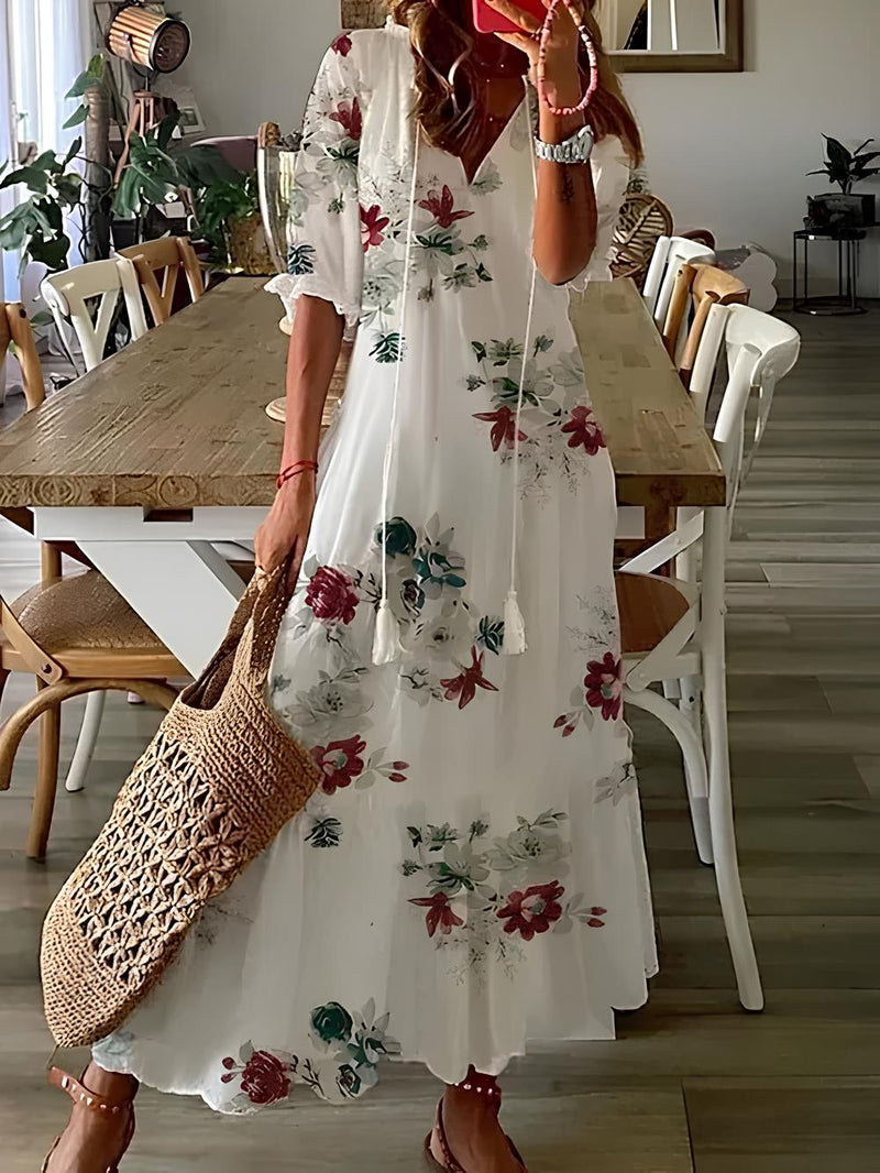 Women's Maxi Dress with Floral Print, V-Neck and Tassels