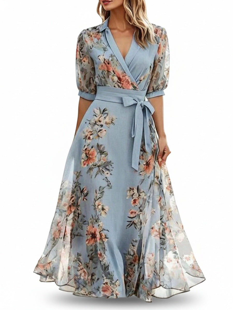 Women's Maxi Dress with Floral Print, V-Neck and Tie Belt