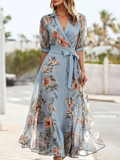 Women's Maxi Dress with Floral Print, V-Neck and Tie Belt
