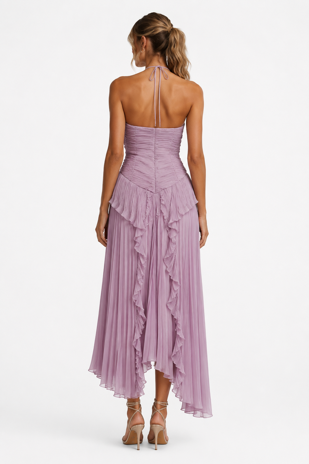 Ladies' Maxi Dress with Halter Neck, Micro Pleats and Cascading Ruffles