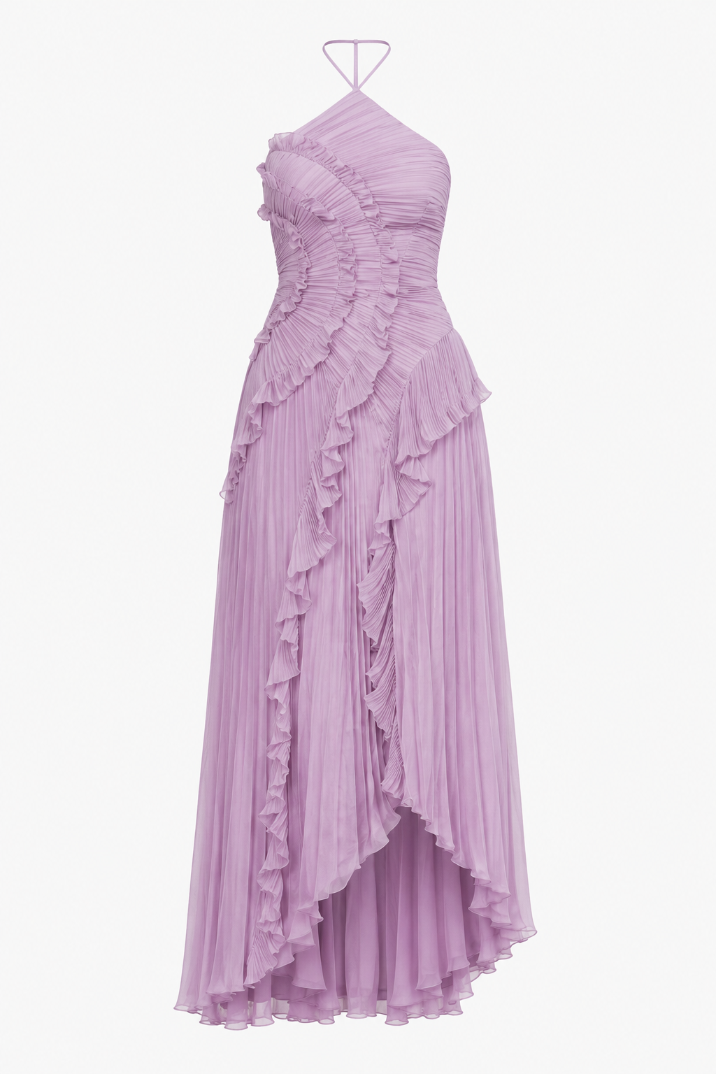Ladies' Maxi Dress with Halter Neck, Micro Pleats and Cascading Ruffles