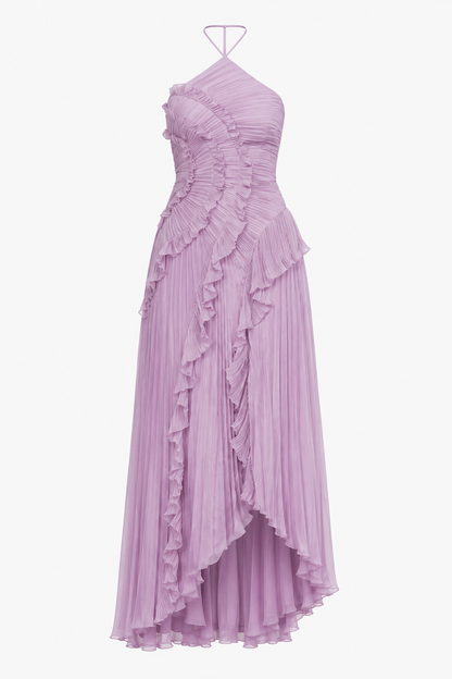 Ladies' Maxi Dress with Halter Neck, Micro Pleats and Cascading Ruffles