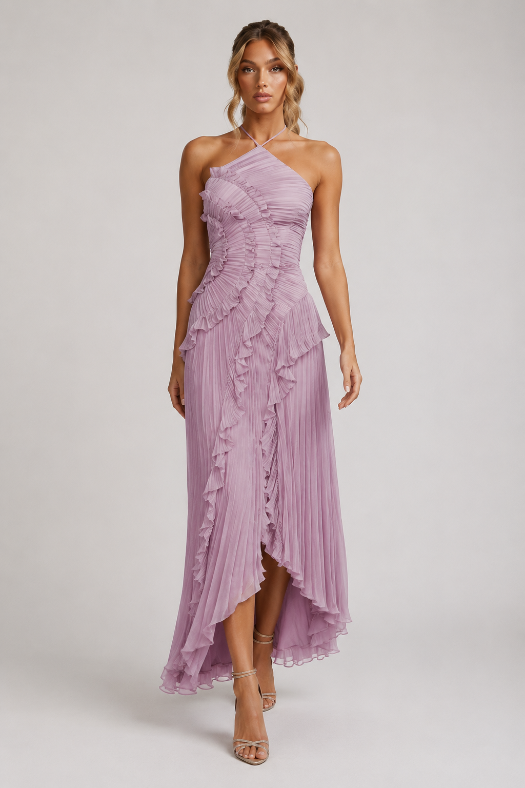Ladies' Maxi Dress with Halter Neck, Micro Pleats and Cascading Ruffles