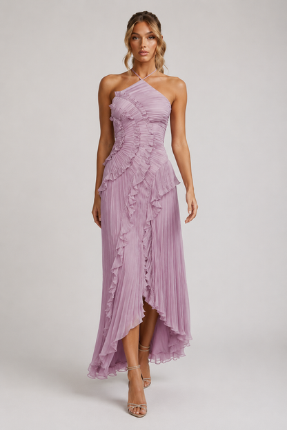 Ladies' Maxi Dress with Halter Neck, Micro Pleats and Cascading Ruffles