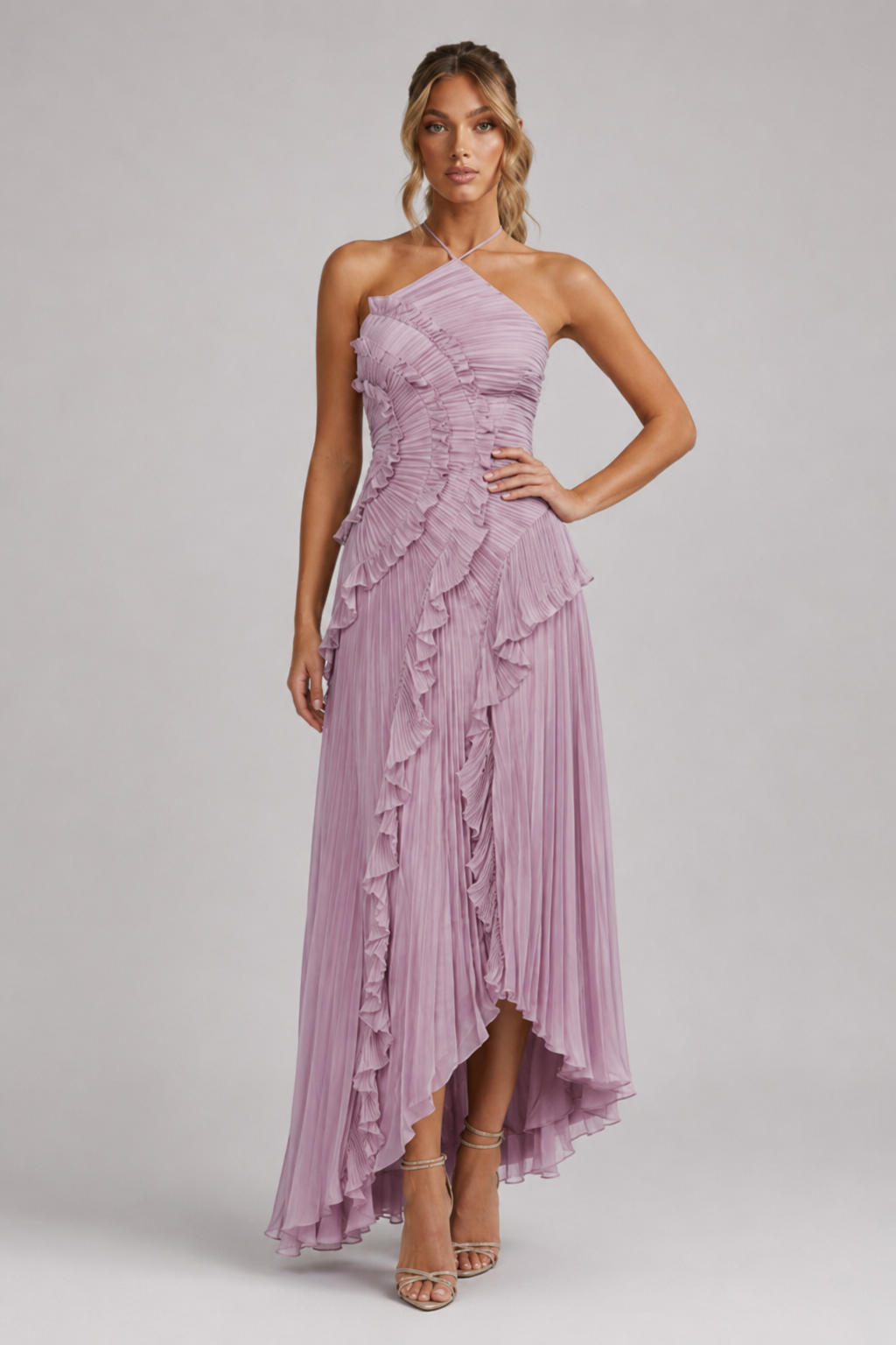 Ladies' Maxi Dress with Halter Neck, Micro Pleats and Cascading Ruffles