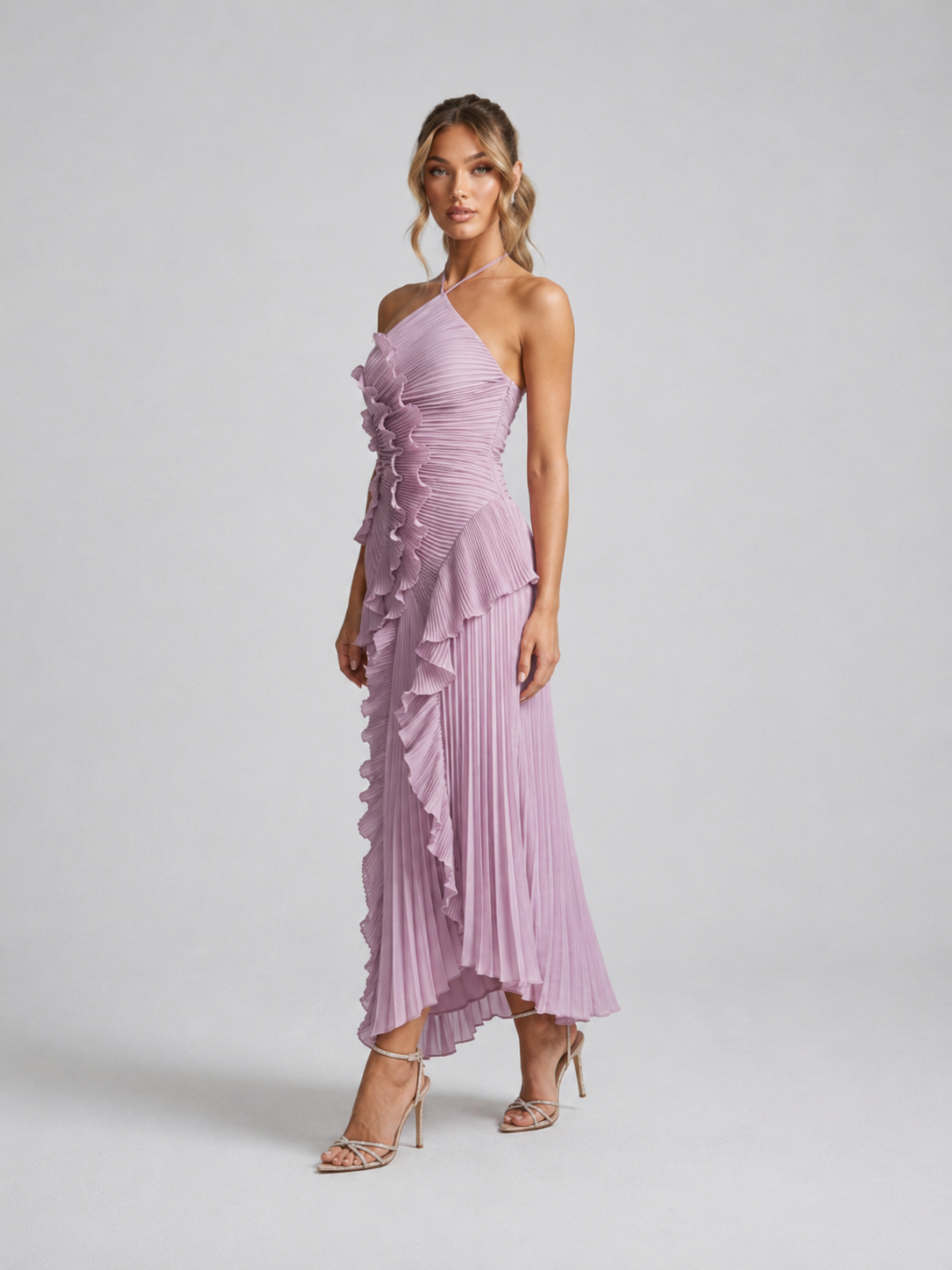 Ladies' Maxi Dress with Halter Neck, Micro Pleats and Cascading Ruffles