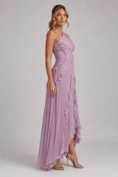 Ladies' Maxi Dress with Halter Neck, Micro Pleats and Cascading Ruffles