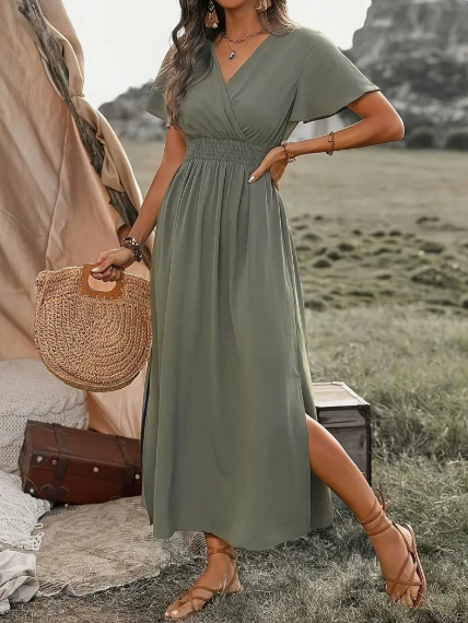 Women's Maxi Dress with V-neck, Wrap Front and Elasticated Waist with Side Split